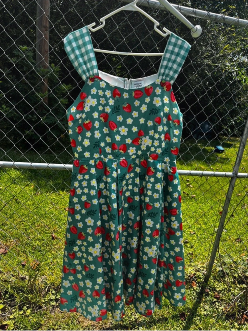 Unique Vintage Green Strawberry & Daisy Print Sundress with Gingham Straps
